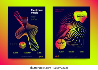 Sound Flyer with Wavy Lines. Abstract Background with Distorted Stripes, Round and Gradient. Music Wave Poster. Electronic Sound Cover. Modern Vector Illustration. Minimal Sound Fest in Night Club.