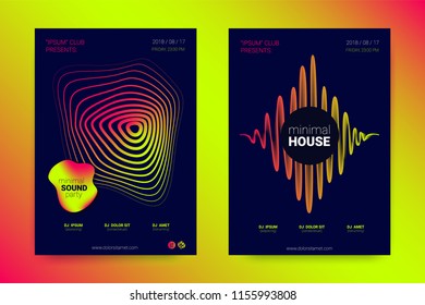 Sound Flyer with Wavy Lines. Abstract Background with Distorted Stripes, Round and Gradient. Music Wave Poster. Electronic Sound Cover. Modern Vector Illustration. Minimal Sound Fest in Night Club.