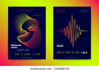 Sound Flyer with Wavy Lines. Abstract Background with Distorted Stripes, Round and Gradient. Music Wave Poster. Electronic Sound Cover. Modern Vector Illustration. Minimal Sound Fest in Night Club.