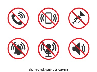 Sound forbidden icons set. Silent mode icons. Prohibition sign collection. No sound symbols. Vector illustration.