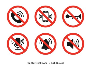 Sound forbidden icons set. Silent mode icons. Prohibition sign collection. No sound symbols.