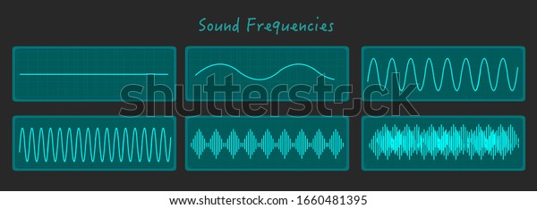 Sound frequency\
high low amplitude pitch note tone  voltage volume. Glow green line\
rhythm waves. On dark black screen background. Music, medical,\
education, illustration\
Vector
