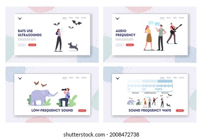 Sound Frequency Waves Landing Page Template Set. Tiny Characters at Huge Infographics Presenting Sound Amplitude and Pitch. Quiet or Loud Sound Resonance Scheme. Cartoon People Vector Illustration