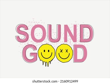 sound good yellow smile face design emotion acid urban face hand drawn design smile face