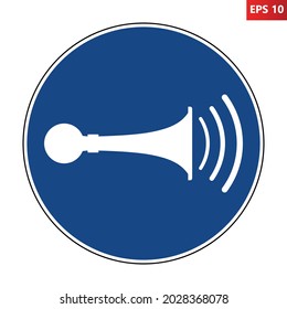 Sound horn sign. Vector illustration of circular blue mandatory sign with trumpet icon inside. Make noise symbol. 