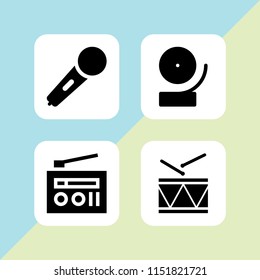 sound icon. 4 sound set with military drum musical instrument, music and multimedia, karaoke microphone icon and radio vector icons for web and mobile app