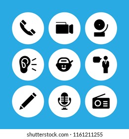 sound icon. 9 sound set with edit, music and multimedia, video camera and rapper vector icons for web and mobile app