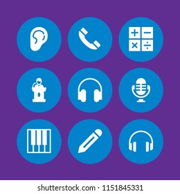 sound icon. 9 sound set with old handphone, piano, radio and hear vector icons for web and mobile app