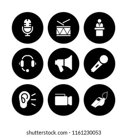 sound icon. 9 sound set with whistle, speech, military drum musical instrument and video camera vector icons for web and mobile app