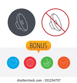 Sound icon. Audio speaker sign. Music symbol. Shopping cart, globe, heart and check bonus buttons. Ban or stop prohibition symbol.
