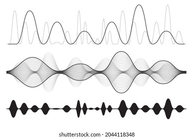 Sound icon. Audio wave symbol, soundwave silhouette, podcast sign, sound signal recorder graphic element, radio waves button, beat set, waveform vector illustration