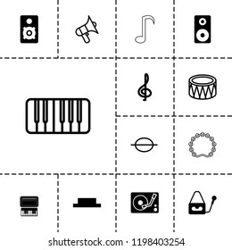 Sound icon. collection of 13 sound filled and outline icons such as treble clef, microphone, loudspeaker, volume, music note, piano. editable sound icons for web and mobile.
