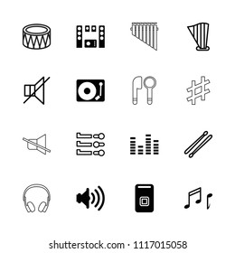 Sound icon. collection of 16 sound filled and outline icons such as equalizer, note, volume, harp, drum, drum stick, slider. editable sound icons for web and mobile.