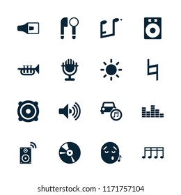 Sound icon. collection of 16 sound filled icons such as speaker, contrast, microphone, emoji listening music, volume, equalizer. editable sound icons for web and mobile.