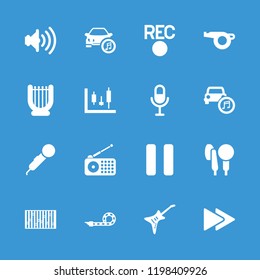 Sound icon. collection of 16 sound filled icons such as microphone, harp, party pipe, volume, panel control, whistle, radio, rec. editable sound icons for web and mobile.