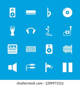 Sound icon. collection of 16 sound filled icons such as disc, piano, loudspeaker, speaker, microphone, megaphone, pause, slider. editable sound icons for web and mobile.