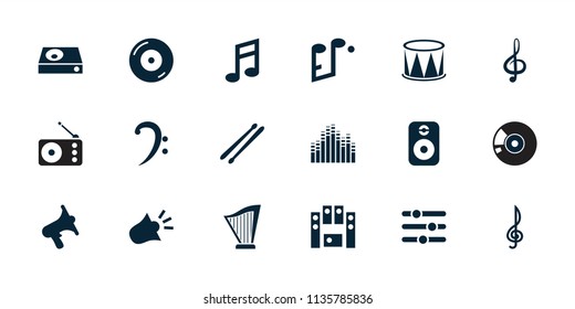 Sound icon. collection of 18 sound filled icons such as disc on fire, volume, dvd player, treble clef, bass clef, loud speaker set. editable sound icons for web and mobile.