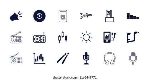 Sound icon. collection of 18 sound filled and outline icons such as equalizer, mp3 player, siren, control panel, guitar, radio. editable sound icons for web and mobile.