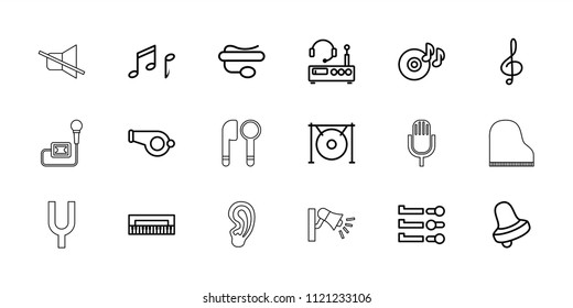Sound icon. collection of 18 sound outline icons such as bell, piano, whistle, disc on fire, pin microphone, treble clef, gong. editable sound icons for web and mobile.