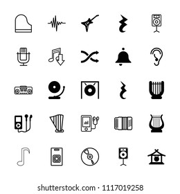 Sound icon. collection of 25 sound filled and outline icons such as gong, harp, ear, guitar, pause, loudspeaker, mp3 player. editable sound icons for web and mobile.