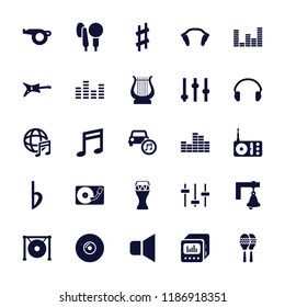 Sound icon. collection of 25 sound filled icons such as adjust, guitar, radio, equalizer, whistle, dvd player, megaphone, harp. editable sound icons for web and mobile.