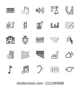 Sound icon. collection of 25 sound outline icons such as note, microphone, bass clef, loud speaker set, piano, harmonica. editable sound icons for web and mobile.