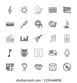 Sound icon. collection of 25 sound outline icons such as piano, mp3 player, pin microphone, dvd player, tonometer, xylophone, slider. editable sound icons for web and mobile.
