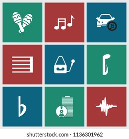 Sound icon. collection of 9 sound filled icons such as microphone, music note, music equalizer, bemol, maraca, guitar strings. editable sound icons for web and mobile.