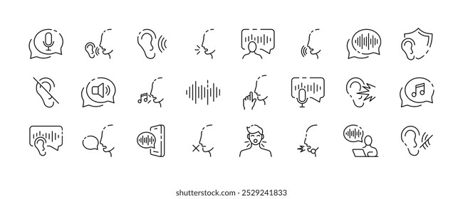 Coleção de ícones de som. Audição e design de som. Ícones da linha de som. Microfone, ondas de voz, ícones de vetores de som