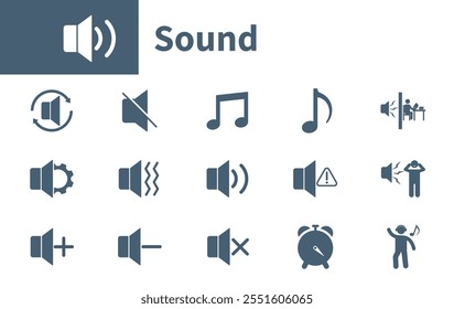 Ícone Som. Coleção de ícones vetoriais sólidos sobre modo de som, alto-falante, vibração, música, poluição sonora.