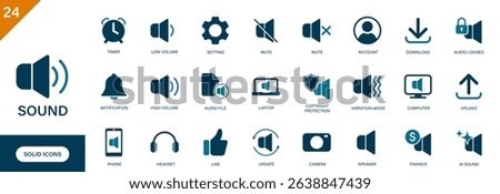Sound icon. Containing speaker, volume, audio file, phone, ui design, AI sound. Solid vector icon set.