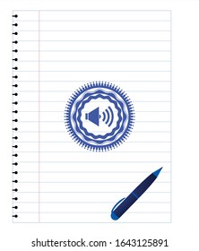 sound icon draw with pen effect. Blue ink. Vector Illustration. Detailed.