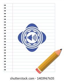 sound icon emblem draw with pen effect. Blue ink. Vector Illustration. Detailed.