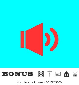 Sound icon flat. Red pictogram on blue background. Vector illustration symbol and bonus buttons Music center, corkscrew, credit card, house, drum