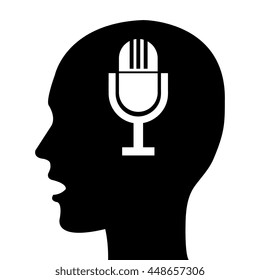 Sound icon in human head silhouette, black and white colors vector illustration.