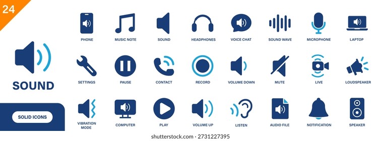 Icono de sonido. Incluye volumen, silencio, modo de vibración, música, altavoz, escuchar. Colección de iconos de vectores sólidos.