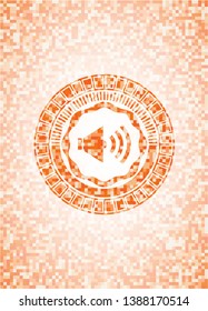 sound icon inside abstract emblem, orange mosaic background