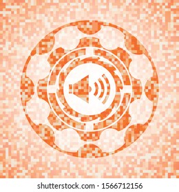 sound icon inside abstract emblem, orange mosaic background