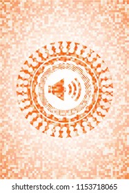sound icon inside abstract orange mosaic emblem with background