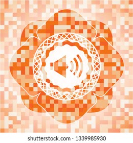sound icon inside abstract orange mosaic emblem with background