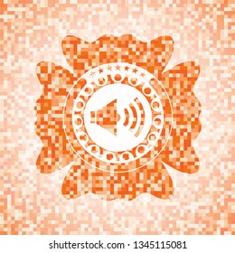 sound icon inside abstract orange mosaic emblem with background