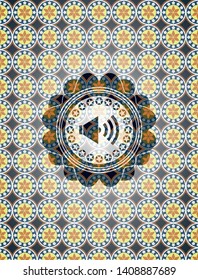 sound icon inside arabic emblem background. Arabesque decoration.