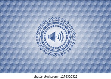 sound icon inside blue emblem or badge with abstract geometric polygonal pattern background.
