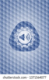 sound icon inside blue emblem or badge with geometric pattern background.