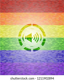 sound icon inside emblem on mosaic background with the colors of the LGBT flag