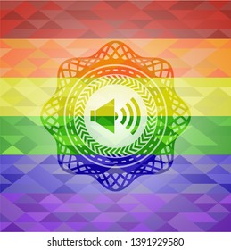 sound icon inside emblem on mosaic background with the colors of the LGBT flag