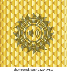 sound icon inside gold badge or emblem. Scales pattern. Vector Illustration. Detailed.