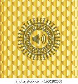 sound icon inside gold emblem. Scales pattern. Vector Illustration. Detailed.