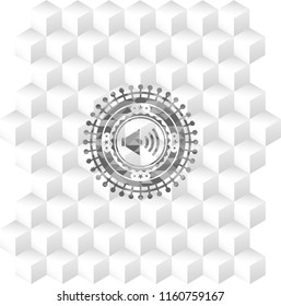 sound icon inside grey badge with geometric cube white background