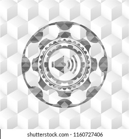 sound icon inside grey emblem. Retro with geometric cube white background